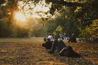 People relaxing in park during autumn