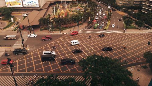 High angle view of cars on road in city