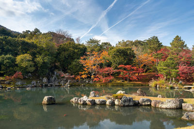 Scenic view of lake against sky during autumn