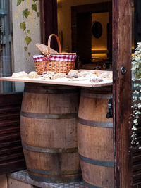 Wicker basket on glass of building