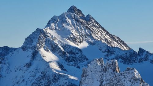 Scenic view of snowcapped mountains against clear sky