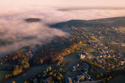 High angle shot of townscape against sky