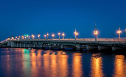 Illuminated bridge of lions over river at night