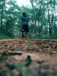 Rear view of boy standing in forest