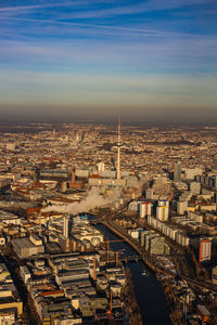 High angle view of buildings in city, television-tower berlin 