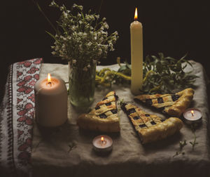 Close-up of lit candles on table