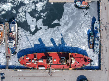 High angle view of ship in city during winter