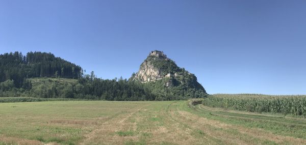 Scenic view of land against clear sky