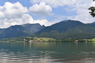 Scenic view of lake and mountains against sky