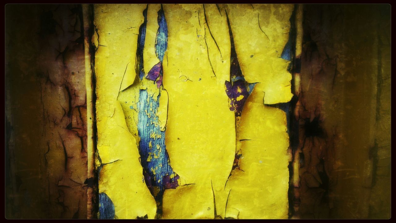 yellow, transfer print, auto post production filter, close-up, wall - building feature, textured, wall, art, creativity, art and craft, no people, day, wood - material, outdoors, full frame, paint, backgrounds, shadow, sunlight