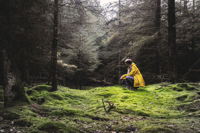 Man sitting on tree trunk in forest
