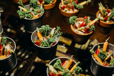 High angle view of food served in containers on table