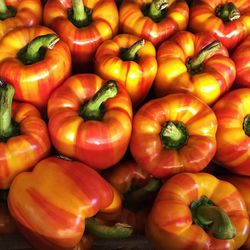 High angle view of orange bell peppers at market stall