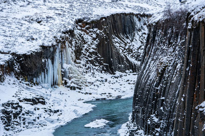 Frozen river amidst snowcapped mountains during winter