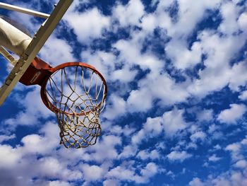 Low angle view of basketball hoop against cloudy sky