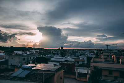 High angle view of buildings in city against sky