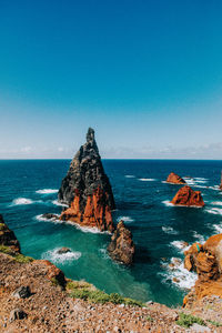 Scenic view of sea against clear blue sky