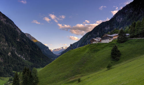 Scenic view of mountains against sky during sunset