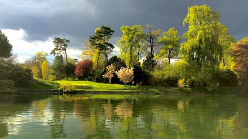 Scenic view of lake against cloudy sky