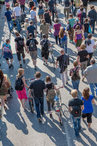 High angle view of people on street