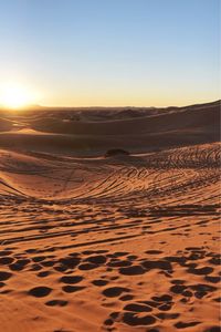 Scenic view of desert against clear sky during sunset