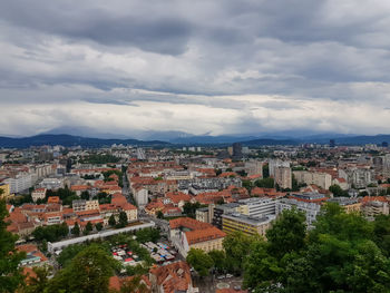 High angle shot of townscape against sky
