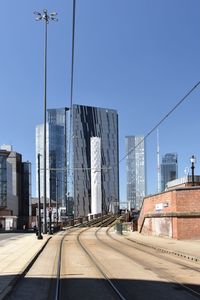 Modern buildings in city against clear sky