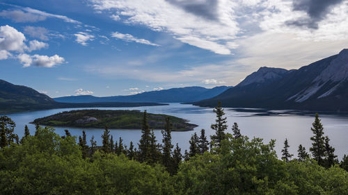 Scenic view of lake and mountains against sky