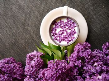 High angle view of pink flowers on table
