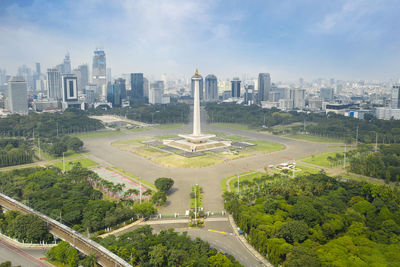 High angle view of buildings in city