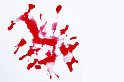 High angle view of red splashing water against white background