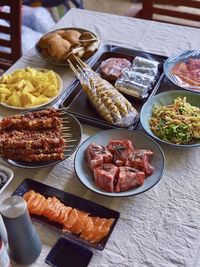 High angle view of food in plate on table