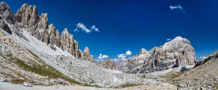 Panoramic view of snowcapped mountains against blue sky