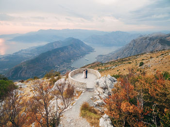 High angle view of mountain range against sky