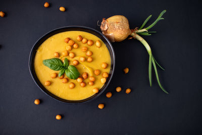 High angle view of soup in bowl on table