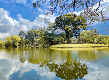 Scenic view of lake by trees against sky