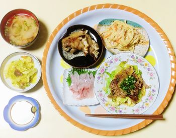 High angle view of food served on table