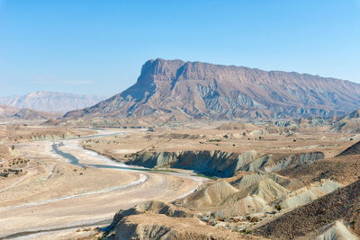 Scenic view of mountains against clear blue sky