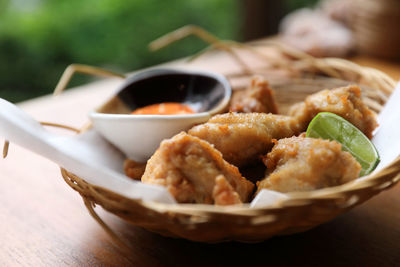 Close-up of food served on table