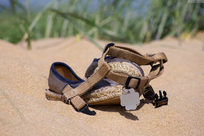 Close-up of shoes on sandy beach during sunny day