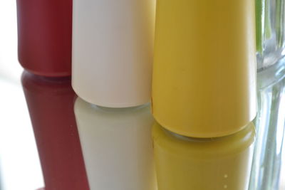 High angle view of beer bottles on table