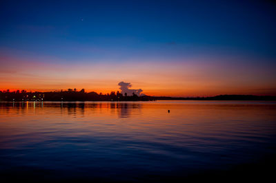 Scenic view of lake against sky at sunset