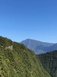 Scenic view of mountains against clear blue sky