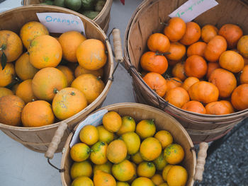 High angle view of fruits in basket for sale at market