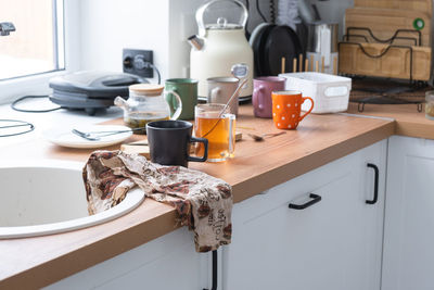 High angle view of breakfast on table