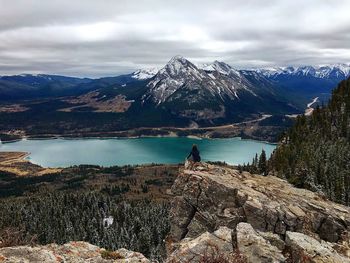 Scenic view of lake against cloudy sky