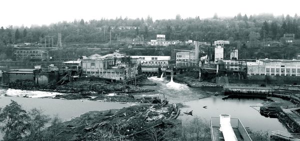 High angle view of river in city during winter