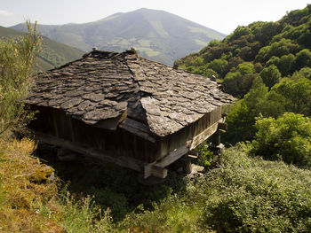 House amidst trees and houses against sky