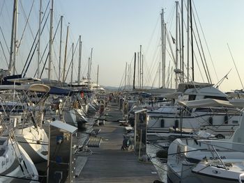 Sailboats moored at harbor against clear sky