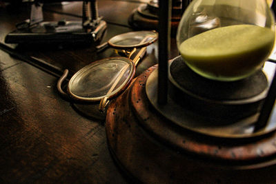 High angle view of tea in glass on table